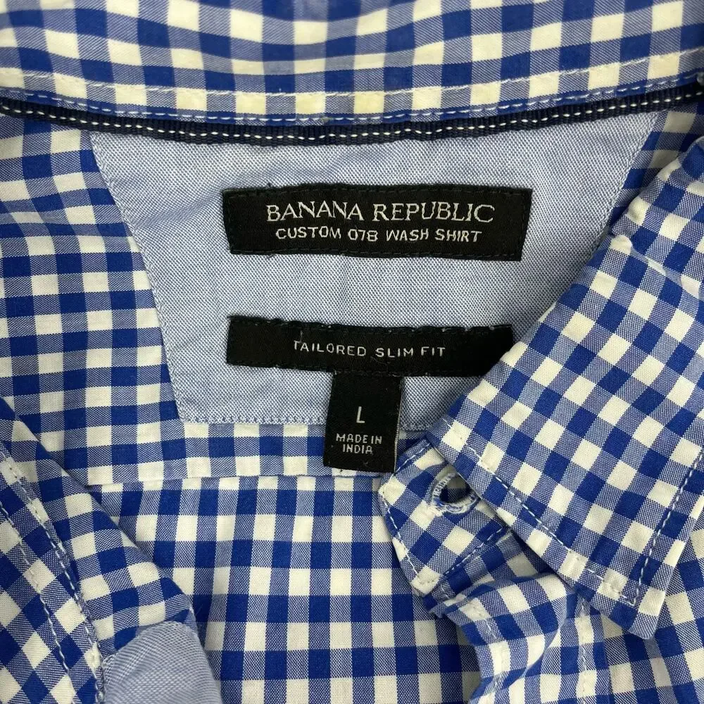 Banana Republic Mens custom 078 wash blue check button up‎ collared shirt (L)